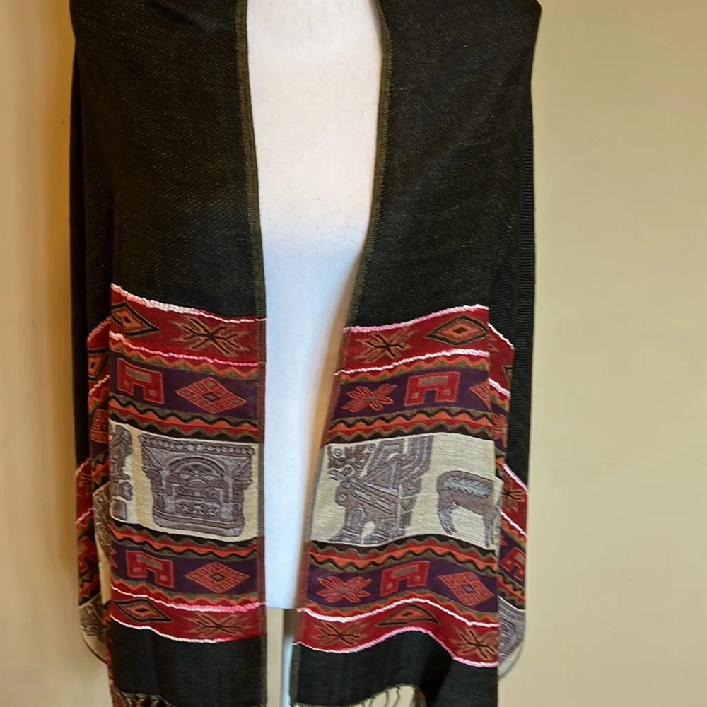 Printed scarf shawl with llama design in black red and green colors oversized